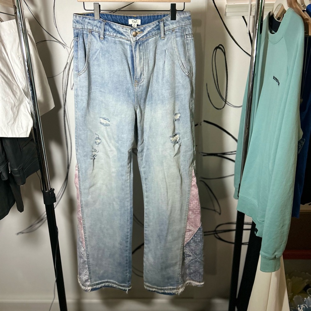Easel Light Blue Distressed Wide Leg Jeans with Hippie Panels